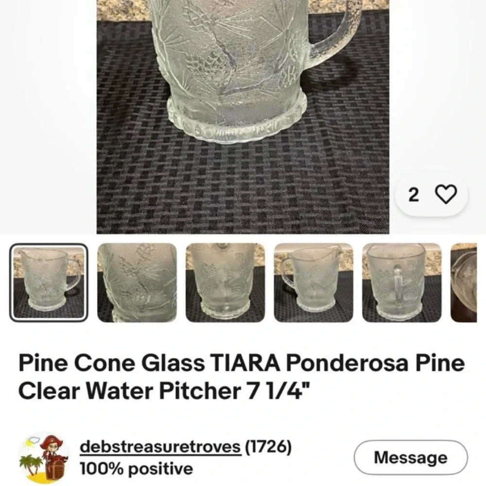 Tiara Ponderosa Pine Clear Glass Water Pitcher Embossed Pinecone 7.25